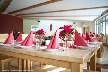Ein festlich gedeckter Holztisch mit Gläsern, roten Servietten und Weihnachtssternen